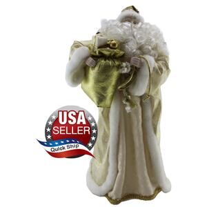 Christmas Tree Topper Santa In Golden White Fur-Trimmed Robe & Golden Toy Bag